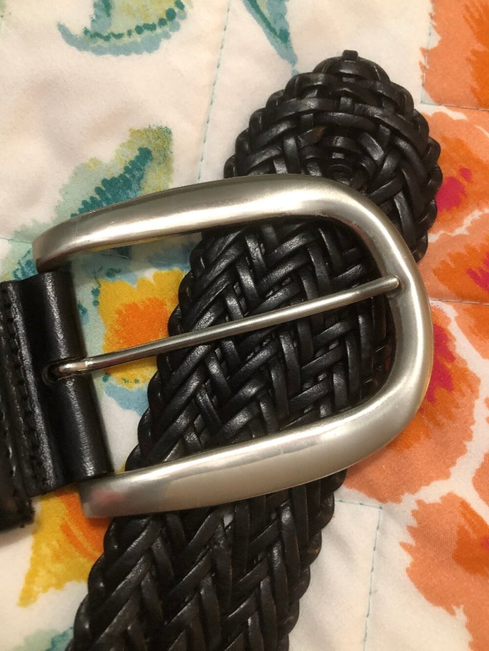 womens size XL black braided belt with solid brass buckle